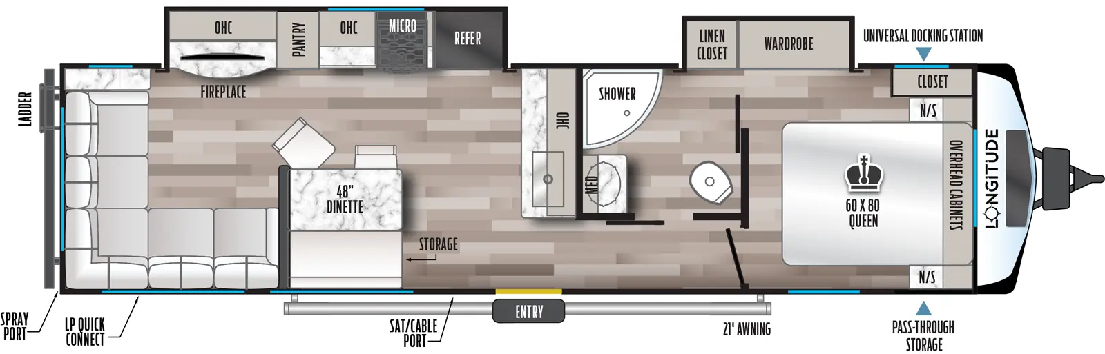 The 310RL has two slideouts and one entry. Exterior features front pass-through storage with universal docking station, 21 foot awning, satellite/cable port, LP quick connect, and rear ladder. Interior layout front to back: foot-facing queen bed with overhead cabinets, nightstands on each side, and off-door side closet, and wardrobe slideout with linen closet; off-door side pass-through full bathroom with medicine cabinet; kitchen counter with sink and overhead cabinet along inner wall; off-door side slideout with refrigerator, microwave, cooktop, kitchen counter with overhead cabinet, pantry, fireplace, TV and overhead cabinet; door side entry, dinette with bench, seats and storage, and rear sofa that wraps from door side around the entire rear.